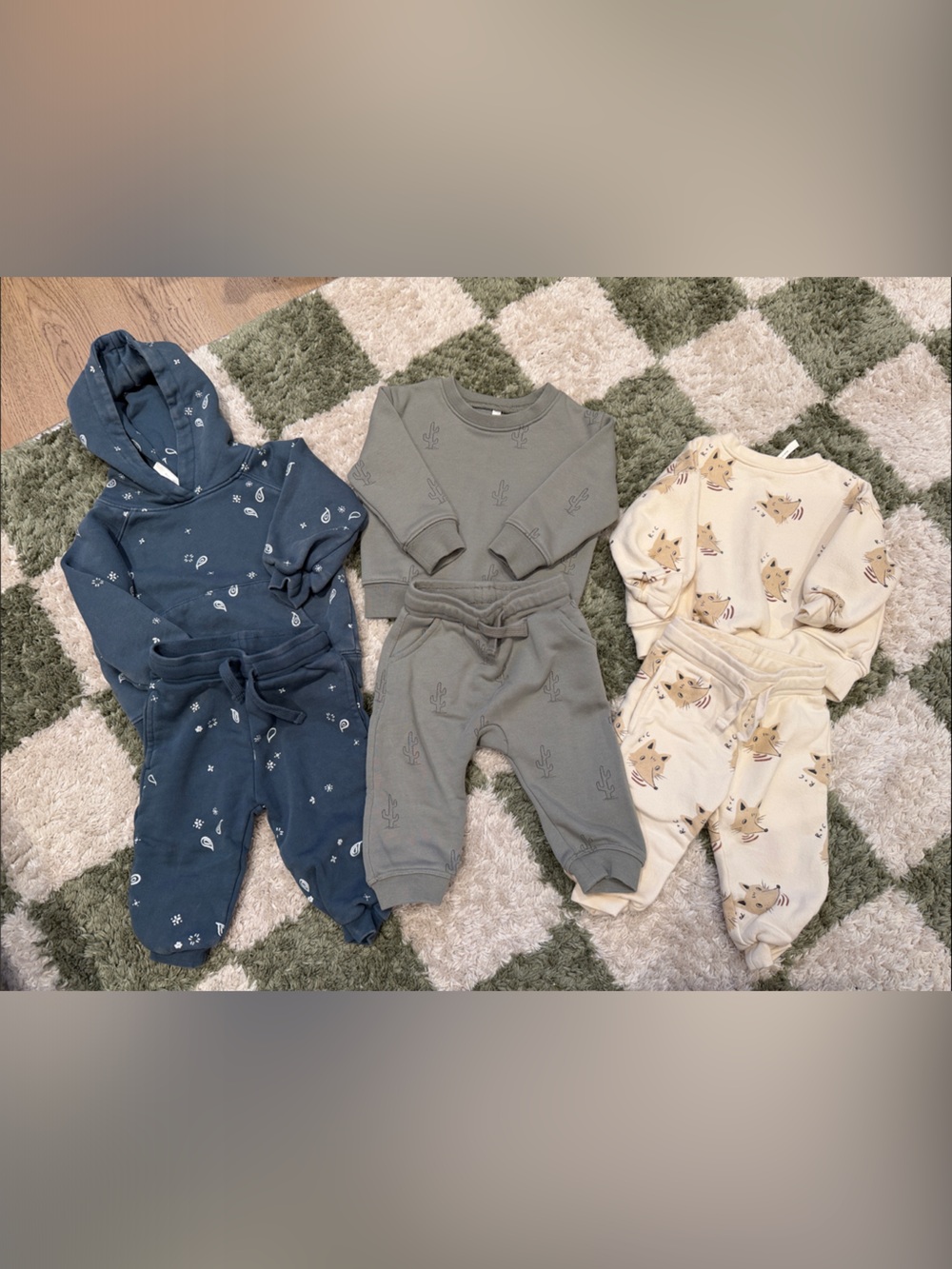 Rylee + Cru- 3 Sweatsuit Bundle - Blue, Olive Green, Cream Fox Print